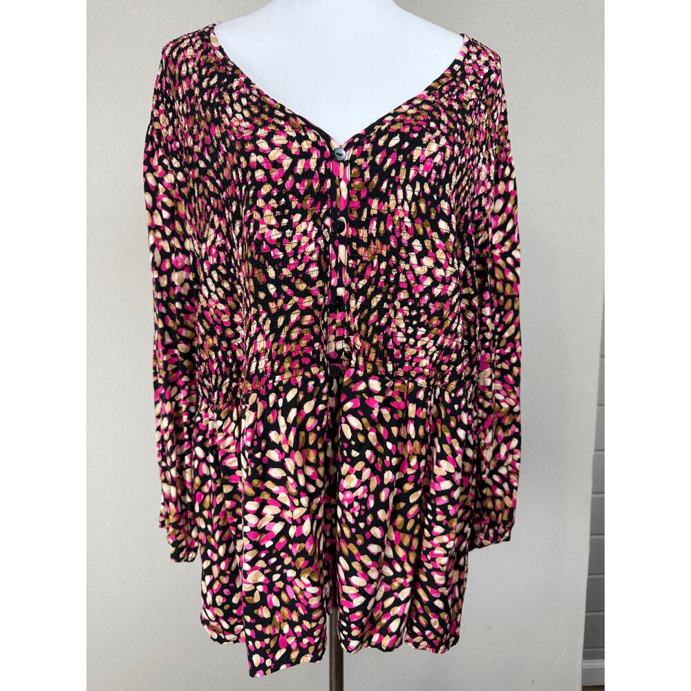 Cato Women's Top Plus‎ sz 26/28 Elastic Button Up Bodice Long Sleeves